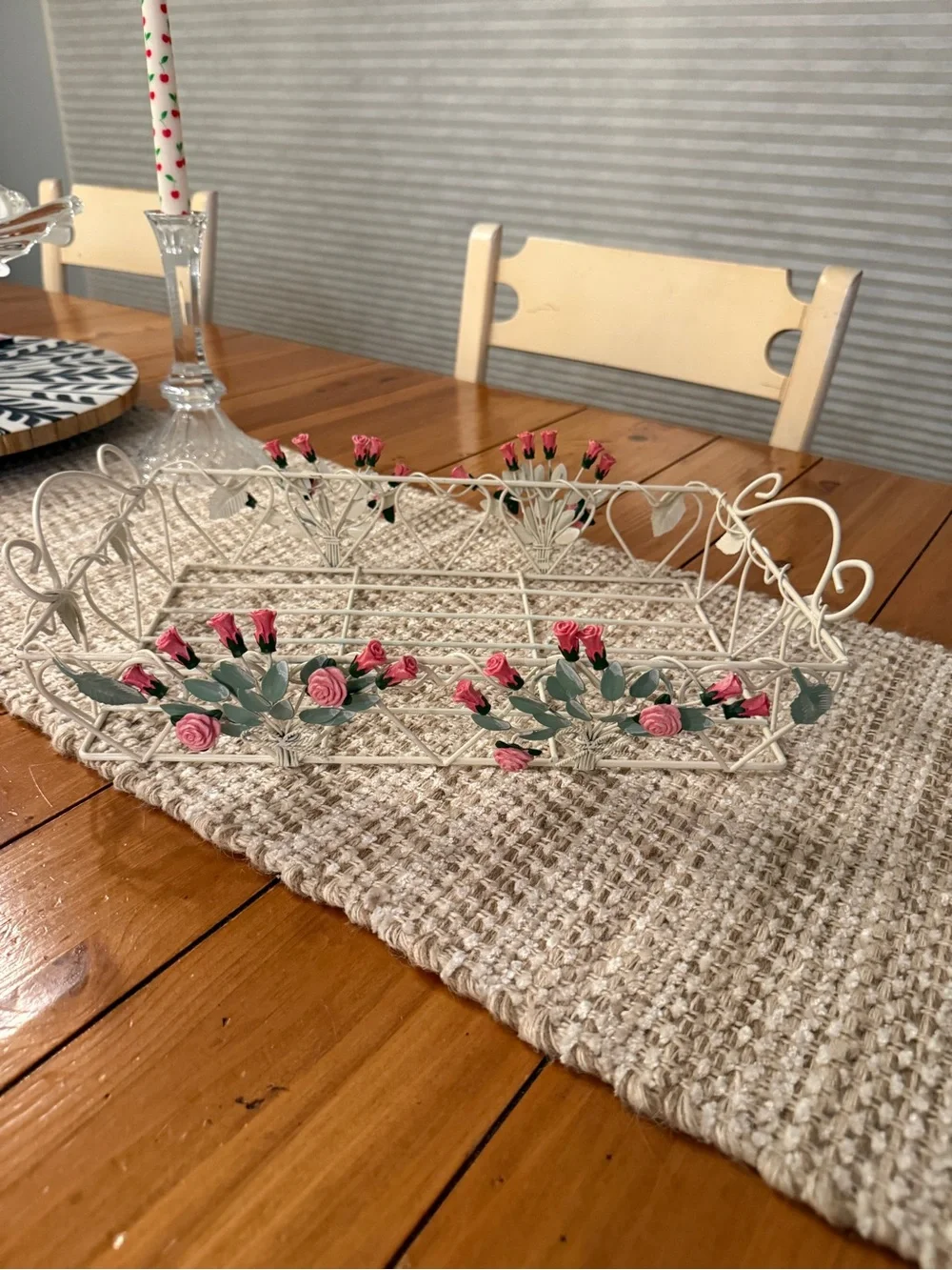 Vintage Cottage Cream Metal Wire Rose Tray Shabby Chic Pink Floral Vanity Basket